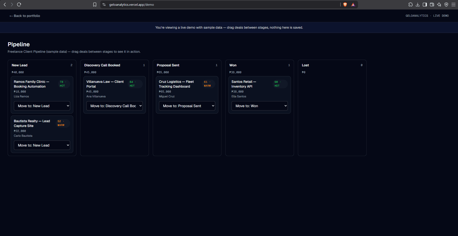 Screenshot of GeloAnalytics